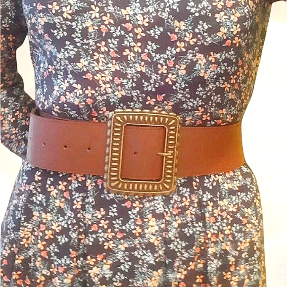 Wide western brown faux leather boho chunky bronze buckle waist retro belt - Picture 10 of 14